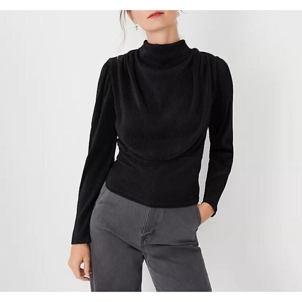 Ann Taylor Top Womens XXL Black Metallic Draped Cowl Neck Pleated Minimalist